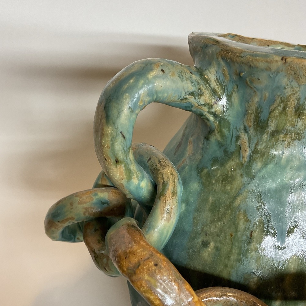 Large Vintage Handmade Asian Tan Green Light Salt Glaze Pottery Chain Wrap Vase - Picture 7 of 15